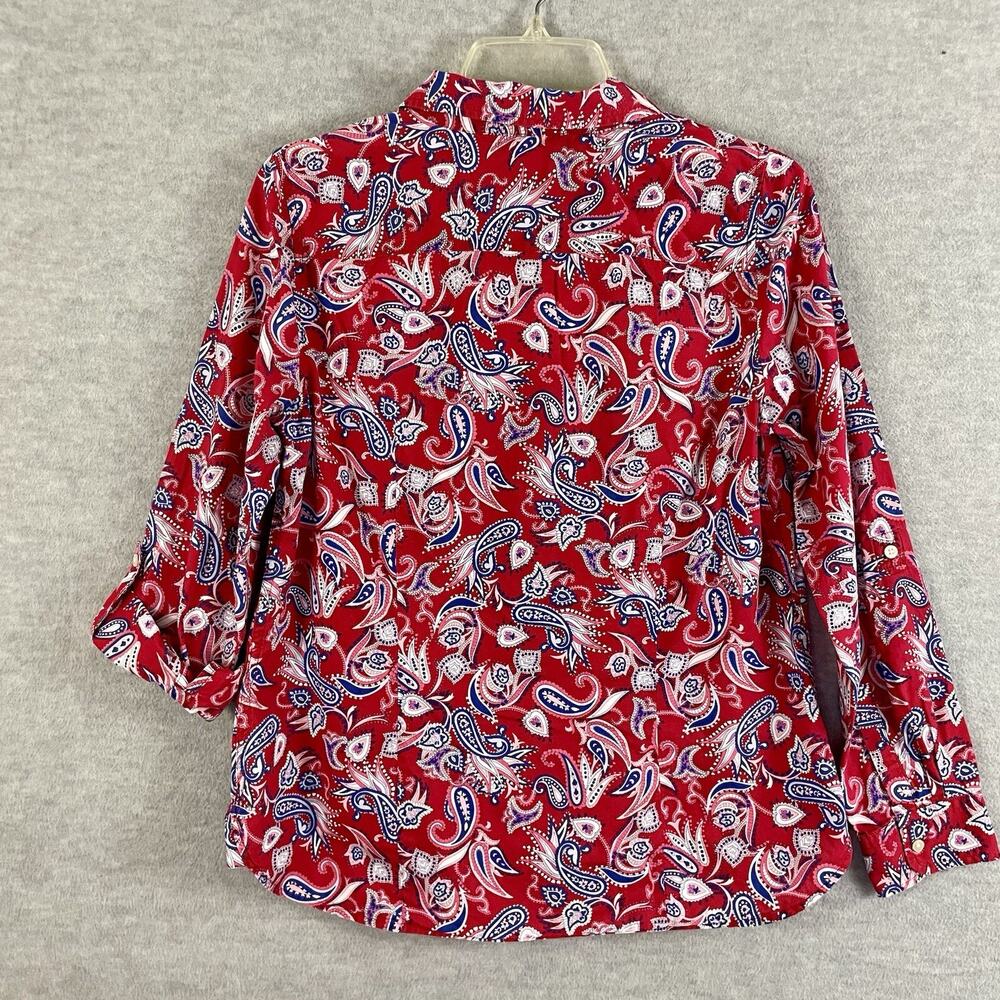 Talbots S Button Up Blouse Red Paisley Long Roll Tab Sleeves 100% Cotton Top - Picture 6 of 11